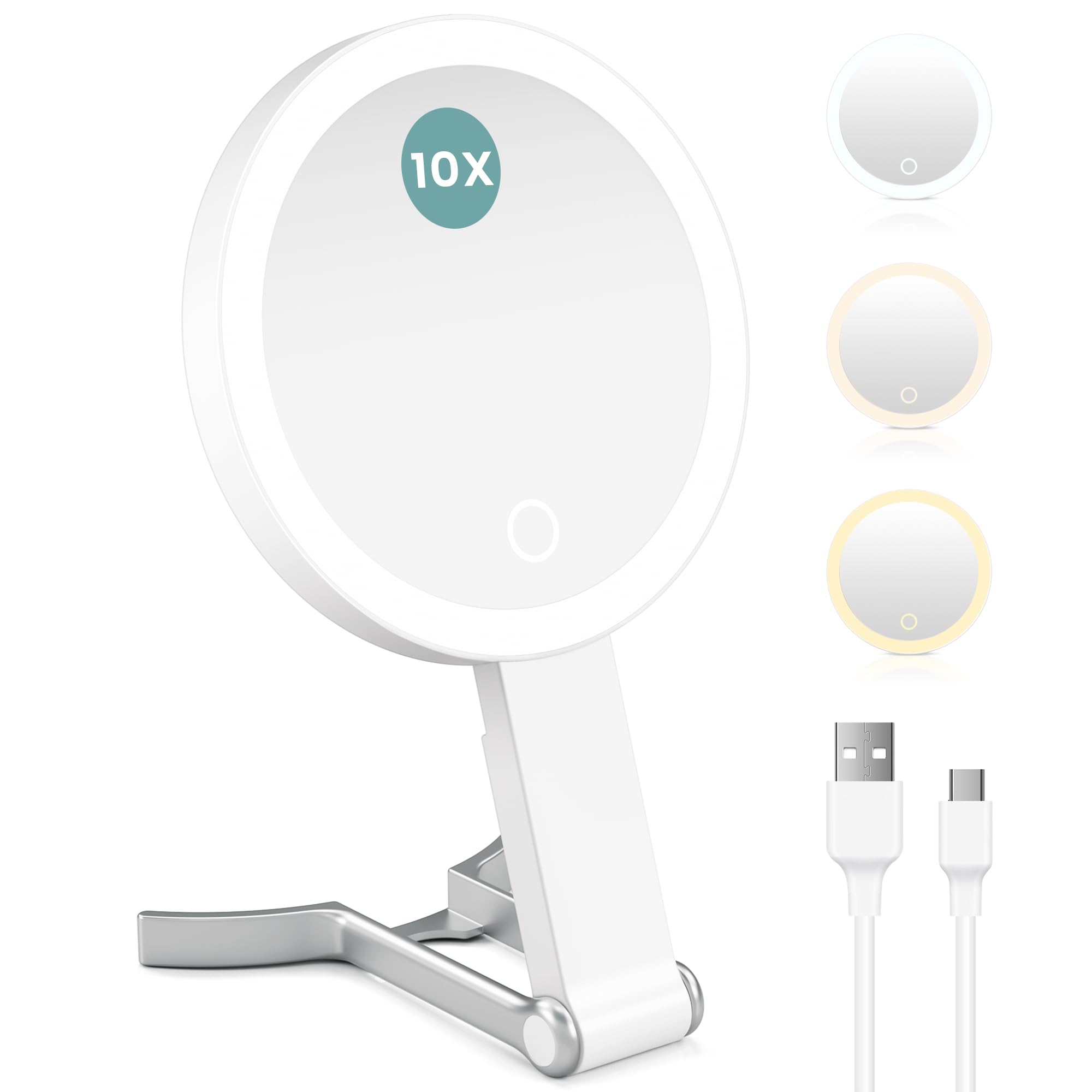 Coovee Espejo Maquillaje con Luz, 3 Colores de Luz, Brillo Ajustable 56 LED, Plegable Portátil Espejo Aumento con Luz 1X/10X, Espelho Maquilhagem con Luz, Espejo de Mesa, Colgante, Control Táctil