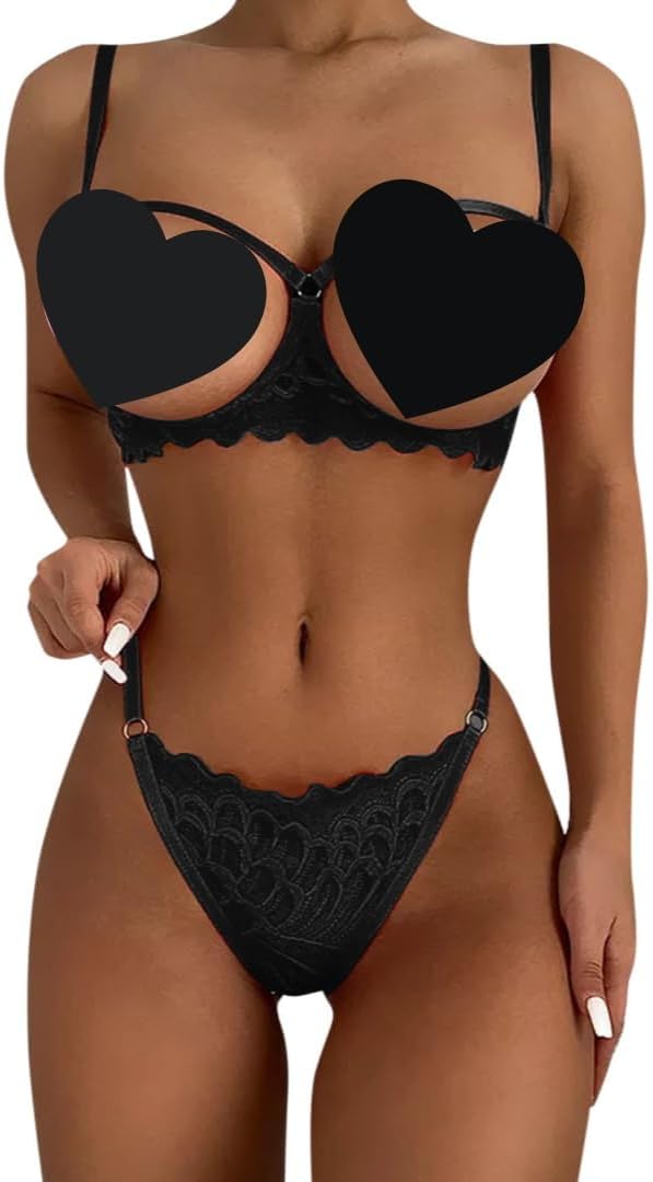 mini kittyWomen’s Lingerie Set Sexy Push Up Bra and Panty Set Hollow Out Lace Underwear Nightwear See Through 2 Piece Babydoll Teddy Sleepwear (black, L)