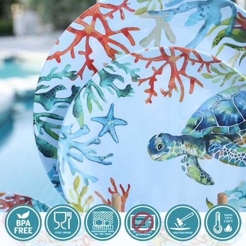 Image of 12-Piece Melamine Turtle Dinnerware Set, Ocean Plate and Bowl Sets