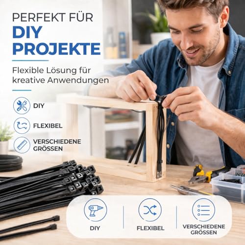 100x Kabelbinder schwarz Cable Ties Set - kurz & lang - Zip ties reißfest & UV beständig - diverse Längen (250 mm x 4,8 mm)