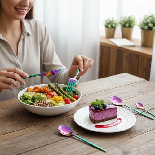 Image of 20 Pcs Rainbow Slim Handle Stainless Steel Cutlery Set for Dining Table with Spoons and Forks Set + Butterknives - The Perfect Tableware /Flatware