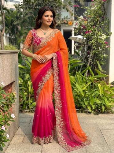 Image of ORHANS Women's Organza Silk Saree with Unstitched Blouse Piece Heavy Embroidery Work and Floral Pattern | Womens Sarees for Weddings | Party and Festivals Sari for Woman | Silk Saree