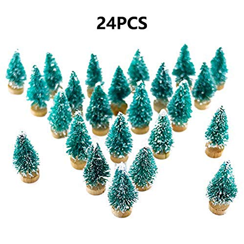 Fashionme Artificial Mini Sisal Pine Snow Frosted Trees With Wooden Base Bottle Brush Trees Plastic Winter Ornaments Tabletop Trees For Diy Crafting Displaying Decoration (Blue Green, 24Pcs) #TOP1