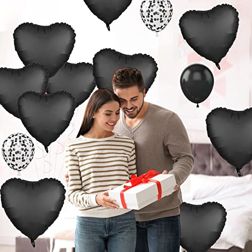 Image of Foil Heart Balloons - 10 Black Heart Shaped Balloons, 18inch Metallic Foil for Valentines Day, Wedding, Birthday, Halloween Party