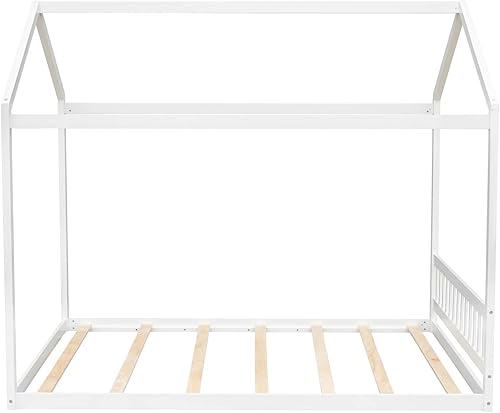 Miniatura 6 de Rhomtree Marco de cama de madera con techo tamaño Queen cama alta de madera maciza y resistente con cabecero muebles de guardería cama de tienda de