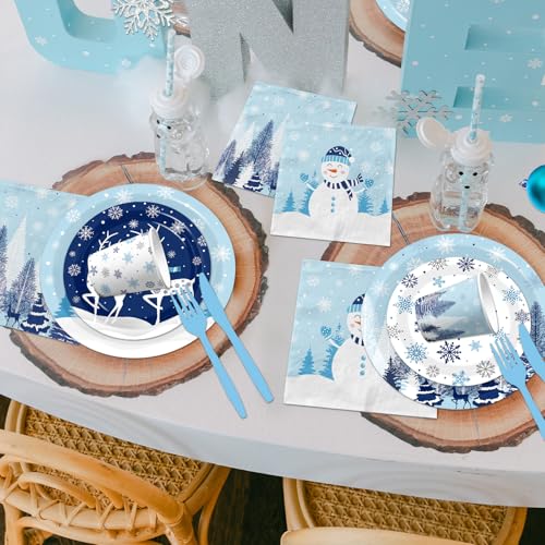 Christmas Paper Plates and Napkins,144pcs Winter Wonderland Plate and Napkins Dinnerware Snowman Snowflake Xmas Tree Christmas Plates Set for Winter Theme christmas Holiday – Image 5