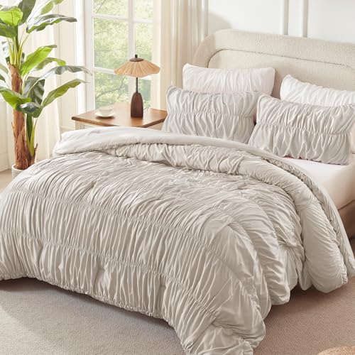 Image of Andency Linen Grey Ruched Comforter Set King Size, Shabby Chic Pleated Bedding Sets 3 Pieces, Lightweight Soft Boho Ruffle Bed Set for Girls, Kids, Women, All Season