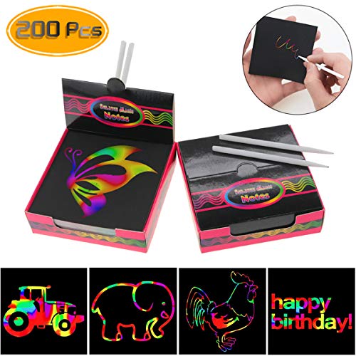 Acmer 200 Pcs Arts and Crafts for Girls Kids Ages 4-8 Travel Activities for Kids Crafts Rainbow Scratch Paper 3.3” x 3.3”