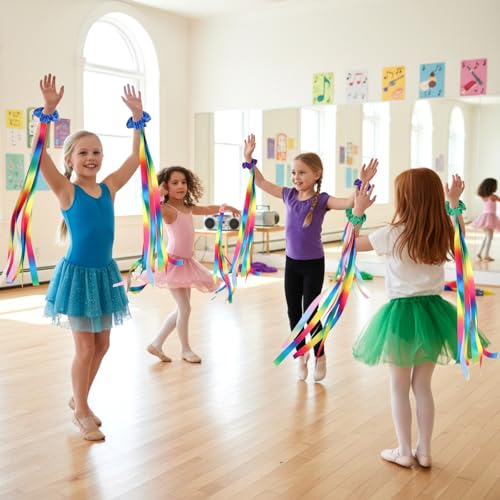 Image of VioraWhite 12 Pcs Rainbow Dance Ribbons for Kids Rainbow Rhythm Ribbons Elastic Wrist Streamers Hand Held Rhythm Streamers Gymnastics Dance Party Props for Adult Decor (0.8 x 19.7 Inch,Gradient)