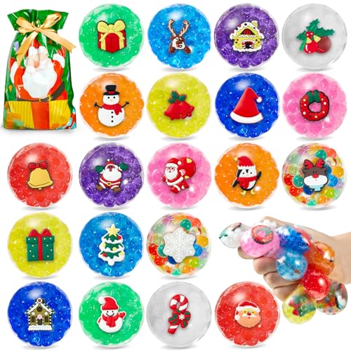 FIDWOD 20PCS Christmas Stress Ball Mochi Squishy Toys for Kids: Party Bag Fillers Sensory Gifts Pack - Christmas Stocking Fillers - Fidget Toys Set Balls with Water Beads