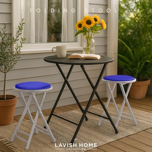 Image of Lavish Home Folding Stool with Padded Backless Seat Set of 2, Blue, 24 inch | Counter Height Bar Stools with 225lb Capacity, Portable Indoor & Outdoor, Extra Seat for Kitchen, Rec Room or Camping