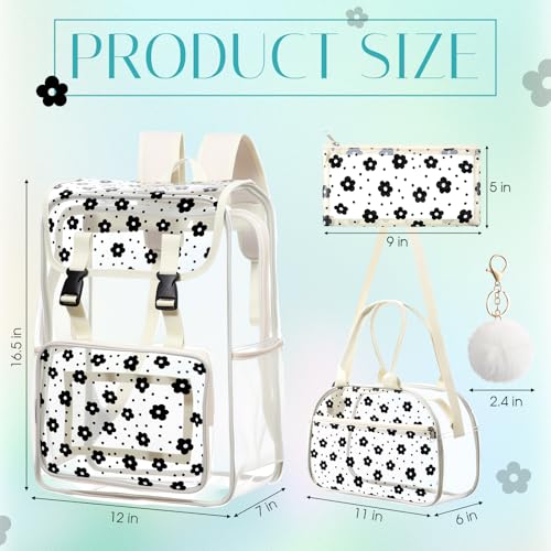 3pcs Clear Backpack Heavy Duty See Through Bookbag with Lunch Bag Pencil Case Key Chain for Women Stadium Approved(Daisy)2