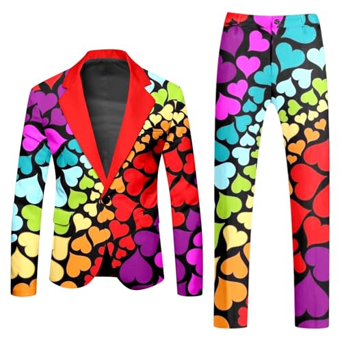 YOSUWOAI Anzug 2 Teiler Herren Slim Fit Anzugjacke Anzughosen Zweiteiler Set Lustig Regenbogen Anzug Blazer Set Festliches Outfit Disco Nachtclub Kostüm Rainbow Herrenanzug