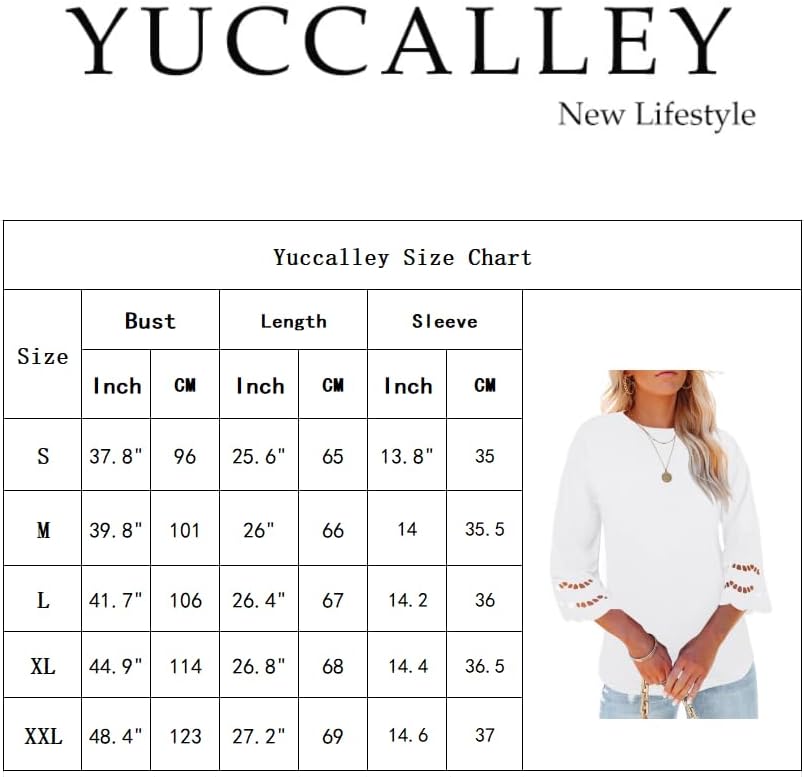 Yuccalley Women's 3/4 Lace Sleeve Summer T-Shirts Casual Round Neck Loose Fit Tee Tops - Image 3