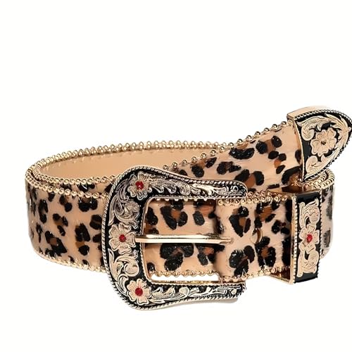 Vintage Leopard Print Waist Belt for Women – PU Leather with Engraved Gemstone Buckle & Pearl Edge | Retro Boho Fashion Belt