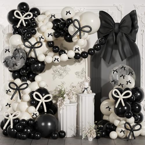 Image of Black and White Sand Balloons Arch Garland Kit,JOGAMS 199Pcs Black Bow Party Decorations with 260 Clear Black Ribbon for Bow Coquette Birthday Decorations Bachelor Baby Shower Bridal Shower