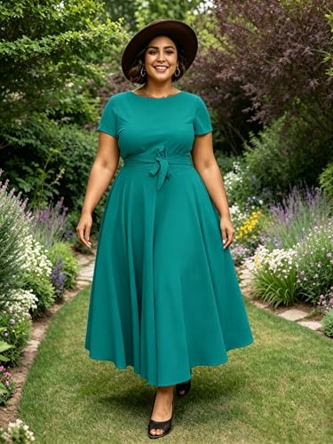 Image of Hostoyo Women Plus Size Formal A Line Maxi Dress Self Tie Waist with Pockets Elegant Round Neck Swing Long Dresses