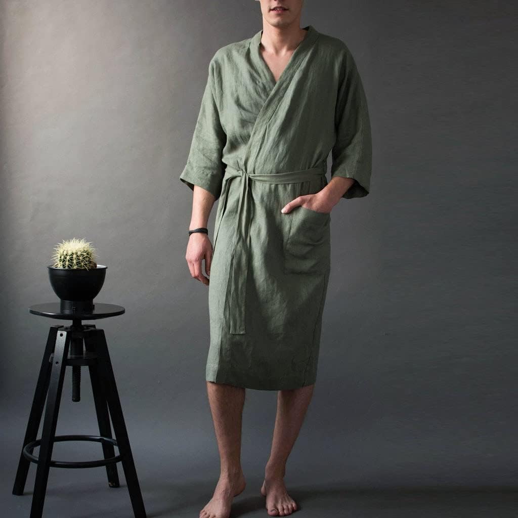 Men's Pajamas Linen Robes Thin Nightgown Men and Women Long Solid Color