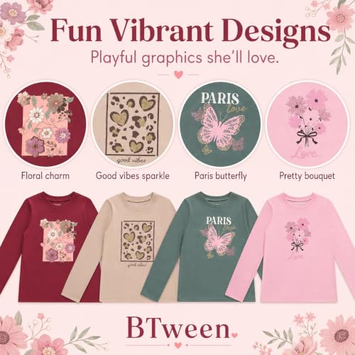 Image of BTween Girls 4 Pack Long Sleeve Graphic T-Shirts Cotton Blend, Fun Vibrant Designs