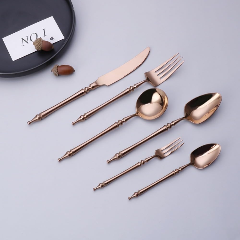 Leggero Lusso Leggendario Pilastro Romano Maniglia Cucina Acciaio Inossidabile Posate Stoviglie Posate Set Coltello Da Bistecca Forchetta Cucchiaio Cucchiaino (Oro Rosa,24 pezzi)