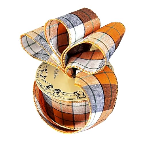 Image of Fall Plaid Wired Edge Ribbon - 2 1 /2 inch x 10 Yards, Orange, Beige, Black, Autumn Decor, Halloween, Thanksgiving, Christmas Wreath, Farmhouse Decoration, Garland, Gifts, Wreath, Bows