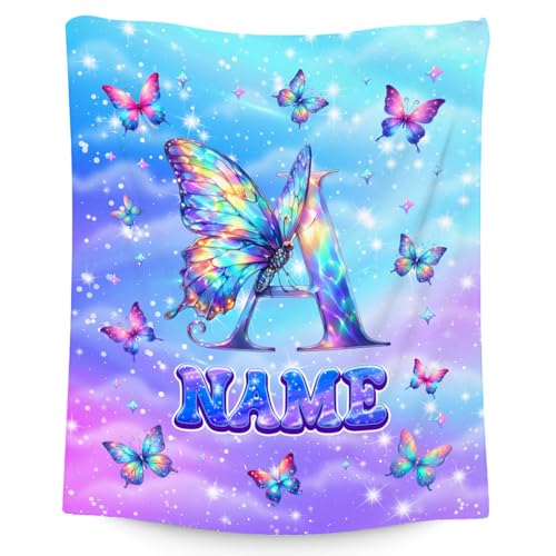 Custom Initial Blanket Butterfly Gifts for Girls - Soft Flannel Monogram Throws for Office, Sofa Room Decor