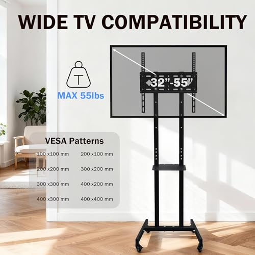 Mobile TV Stand for 32-55" TV Height Adjustable Floor Stroller with Storage Rack Weight 55 Lbs Silent Lockable Wheels for Home Office Meeting Room - image 8