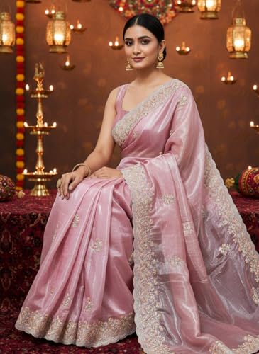 Image of Glory Sarees Women's Organza Chiffon Embroidery Work Scallop Border Saree With Blouse Piece (Chiffon101 Parent)