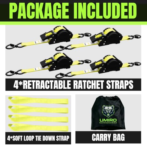 Image of Retractable Ratchet Straps, 4-Pack, 1 Inch x 12 Feet Heavy Duty Tie Downs, 1760lb Break Strength, Self Retracting for Truck, Cargo, Trailer, Motorcycle, ATV, UTV (Yellow, 4pack)