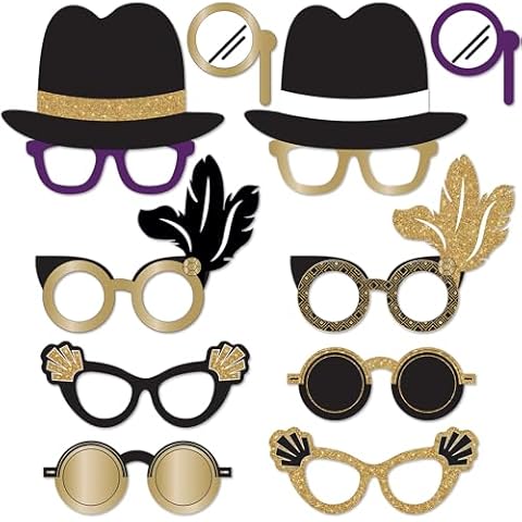 Photo Booth Props - Roaring 20s Themed Party Glasses - Black & Gold, 10 pc - Twenties, Jazz, Gatsby, Vintage, New Years - Selfie Accessories - by PixiPy Cover