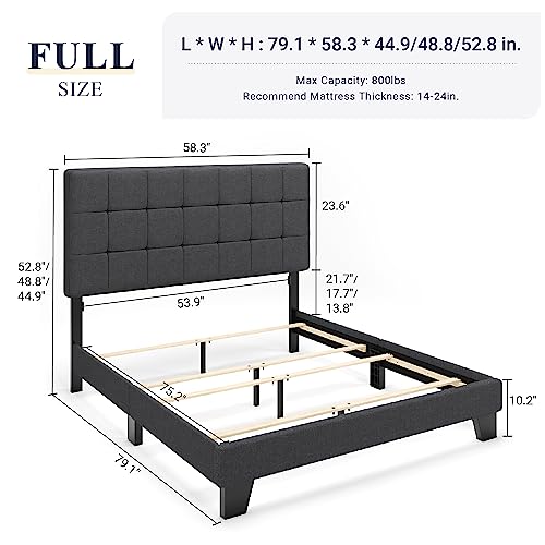Image of Allewie Full Size Panel Bed Frame Box Spring Needed Dark Grey | Fabric Upholstered Square Stitched Padded Headboard Box Spring or Bunkie Board Required Platform Bed