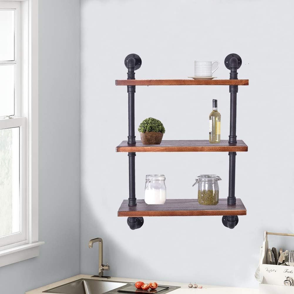 Industrial Pipe Shelving Bookshelf Rustic Modern Wood Ladder Storage Shelf 3 Tiers Retro Wall Mount Pipe Design DIY Shelving (Black, L 24")
