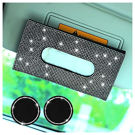 Bling Car Tissue Holder, Sparkly Car Visor Tissue Holder, PU Leather Mask Holder for Car with 2 pcs Car Coaster, Bling car Kleenex Holder for Women (Black)