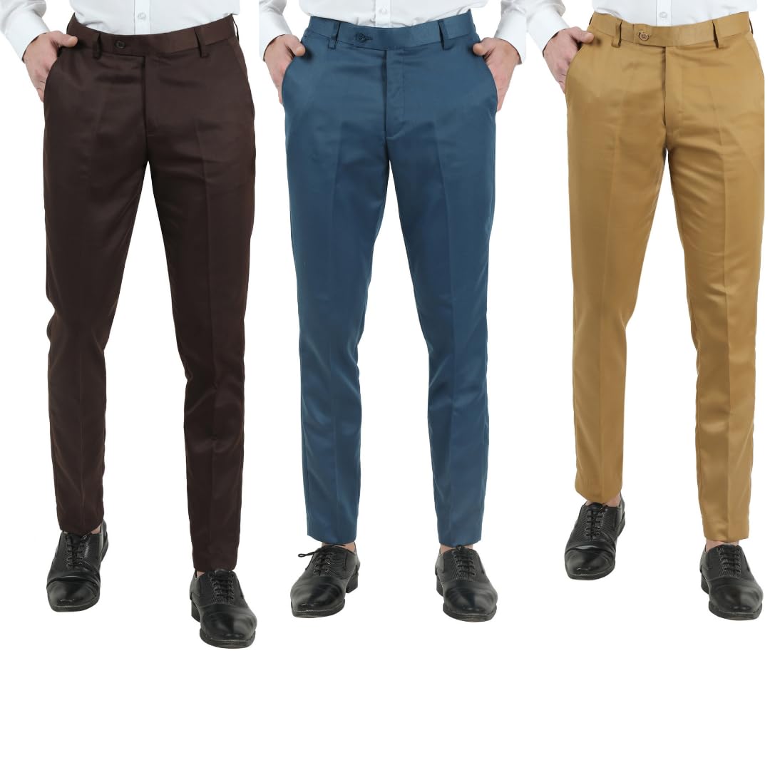 VEI SASTREMen's Slim Fit Formal Trousers/Pant SF Combo 3 (28, Brown, Dark Grey,Beige)