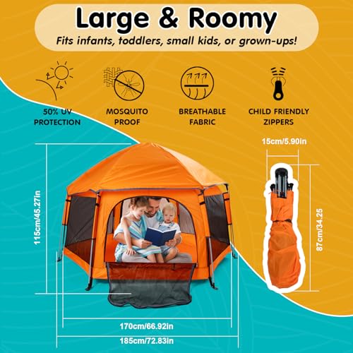 Image of Premium Pop Up Baby Playpen - Portable, Lightweight, Pop Up Pack and P Lay Toddler P Lay Yard w /Canopy and Travel Bag - Orange