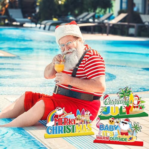 Image of 4pcs Summer Christmas Decorations Wood Table Centerpieces Baby It's Warm Outside Merry Christmas Party Table Decorations Mele Kalikimaka Santa Claus Style Tabletopper