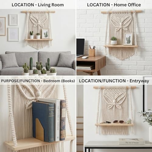 Image of Decazone Macrame Wall Hanging Shelf Bohemian Designs Home Decor Natural Pine Wooden Shelves and Cotton Cord (Mini Boho) (Butterfly)