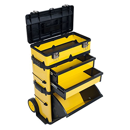 Stackable Rolling Tool Box Organizer With Telescopic Comfort Grip Handle – Mobile Upright Rigid Tool Chest With Wheels And Drawers By Stalwart #TOP3