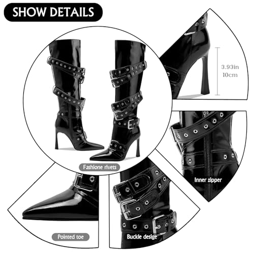 GOSERCE Black White Knee High Boots for Women Sexy Pointed Toe Buckle Rivets Tall Stiletto Boot Fashion Trendy High Heel Long Boots Zipper Ladies Patent Leather Black White Shoes Fall Winter3