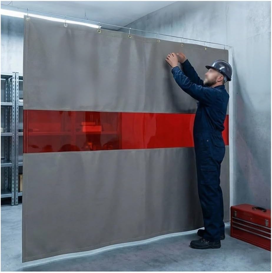 Welding Shield Blanket Fireproof Curtain, Welding Divider Screens with Red Viewing Window - Fiberglass - Flame Retardant - Workshop, Industrial Site(5X3 M)