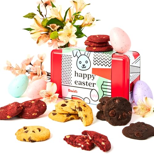 David’s Cookies Happy Easter Assorted Mini Cookies Sweet Sampler Tin - Fresh Baked Mini Bites w/Chocolate Chip, Chocolate & White Chocolate Chip & Red Velvet Flavors - Gourmet Easter Gift 14oz