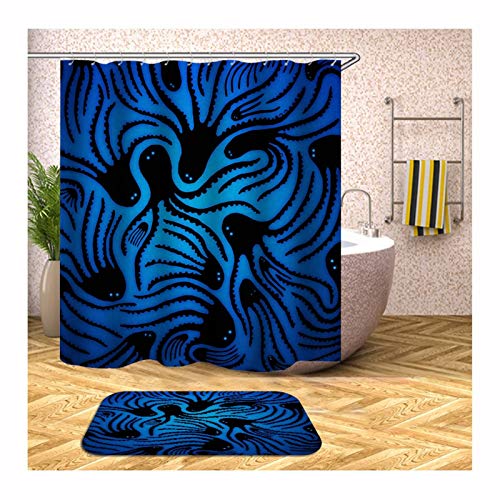 Polyester Duschvorhang & Badteppich Set Octopus Bad Vorhang Badvorleger 90x180CM mit 12 Duschvorhangringen