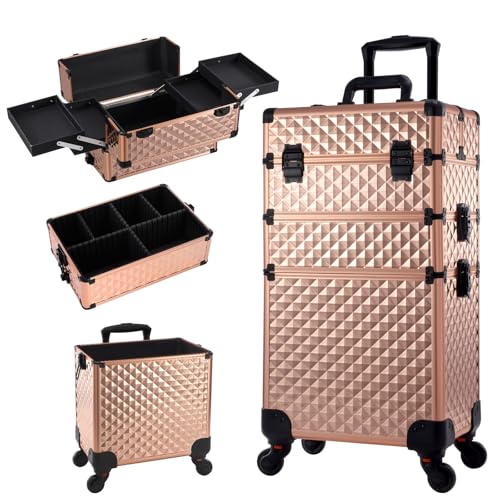 Valise Maquillage 3 en 1, Malette Maquillage Professionnelle à roulettes, Onglerie Manucure Coiffure, Cadre Aluminium Verrouillable, Or Rose