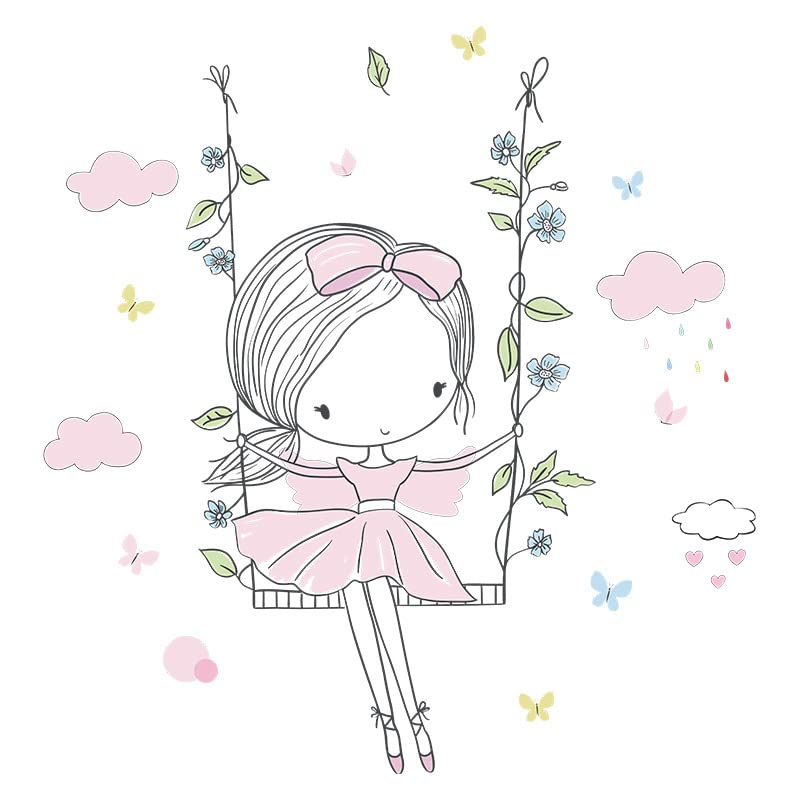 Image of Adorable Sweet Girl Swing Made of Flowers Wall Stickers Art Decal Bedroom Decorations Decor Modern Wallpaper for Kids Boy Rooms Decorations, Self-Adhesive, Wall, 90 Cm, 1 Cms