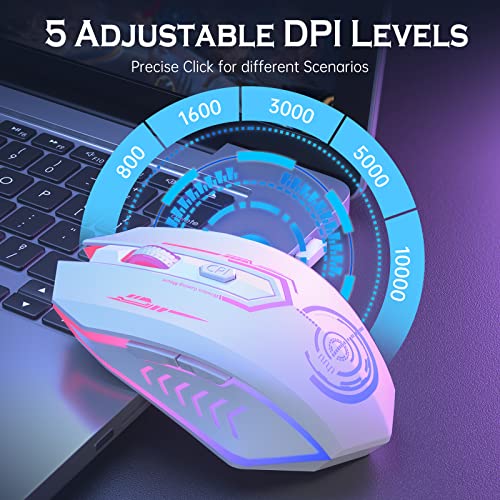 Uhuru Gaming Mouse, Wireless Gaming Mouse With 6 Buttons 7 Changeable Led Color Up To 10000 Dpi, Rechargeable Usb Gamer Mouse For Pc Laptop (White) #TOP1