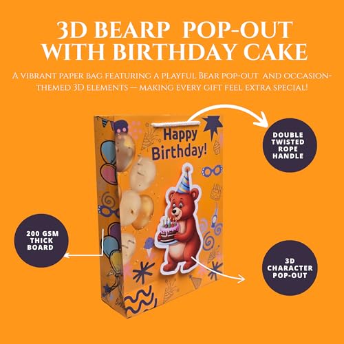 Image of TASCHE 3D Bear pop up Gift Bags for Return Gifts | Pop-Out Paper Bags for Kids Birthday, Baby Shower, Party Favors | 11x8x3 Inches (BALLOON BUDDY, Pack Of 60)