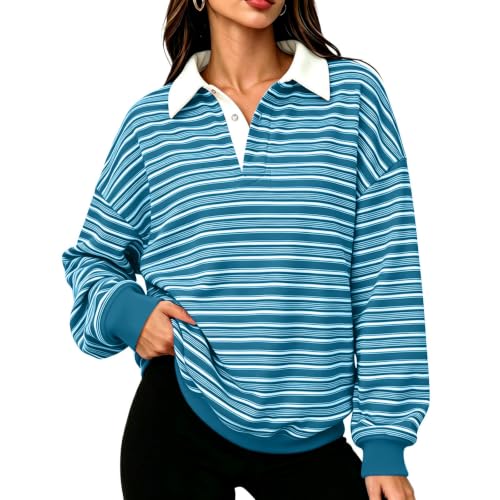 Striped Long Sleeve Shirts for Women Dressy Casual Polo Shirt Fall Outfits | Loose Fit, Office, Lightweight, Workout, Business, Holiday, Vacation, Work Blouses, Travel Outfits, Fashion Clothing 2026 - image 1