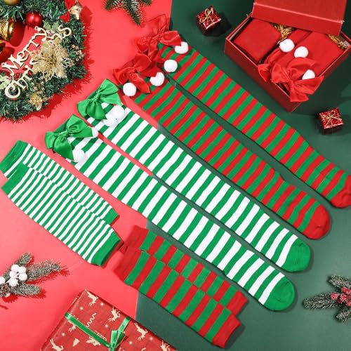 Image of Coume 3 Sets Christmas Knee Thigh High Socks Arm Warmer Fingerless Gloves Xmas Striped Thigh High Stockings for Women Cosplay Party
