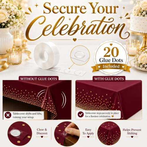Image of Blue Orchards Burgundy and Gold Dots Table Cover (Pack of 3 with 20 glue dots) - 54 inchx108 inch XL - Red Plastic Tablecloth, Bridal Shower, Wedding, Graduation Decoration, Picnic Red Birthday Party Supplies