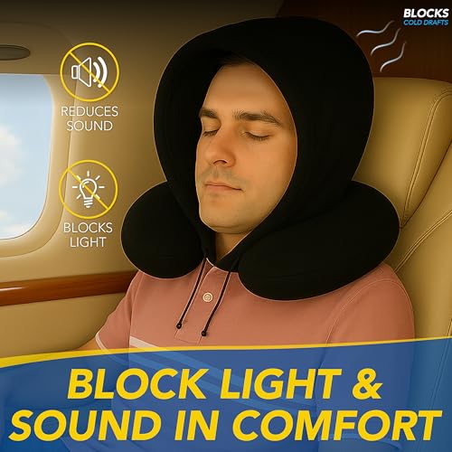 Image of Goodyear Travel Pillow with Hood - Neck Support for Comfortable Travel, Hooded Neck Pillow for Flights and Road Trips, Black
